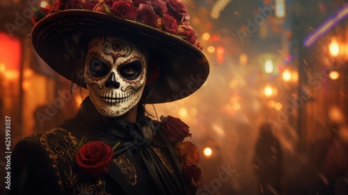 Dia de los Muertos celebration, photorealistic Calavera Catrina with sugar skull makeup