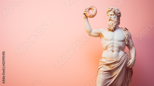 Art sculpture of ancient Italian from marble with a doughnut isolated on a pastel background with a copy space 