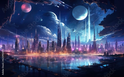 Landscape with towering skyscrapers, floating platforms, and sleek, futuristic elements, bathed in soft neon lights and surrounded by a cosmic backdrop, giving the impression of an advanced cityscape 