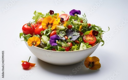 Bowl of colorful salad with greenery, cherry tomatoes, bell peppers, and edible flowers on a white background