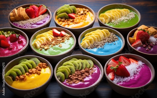Bowls of fruit smoothies on a wooden table