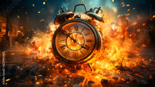 Fire explosion alarm clock, countdown expires, time bomb, timeout concept. Generative AI