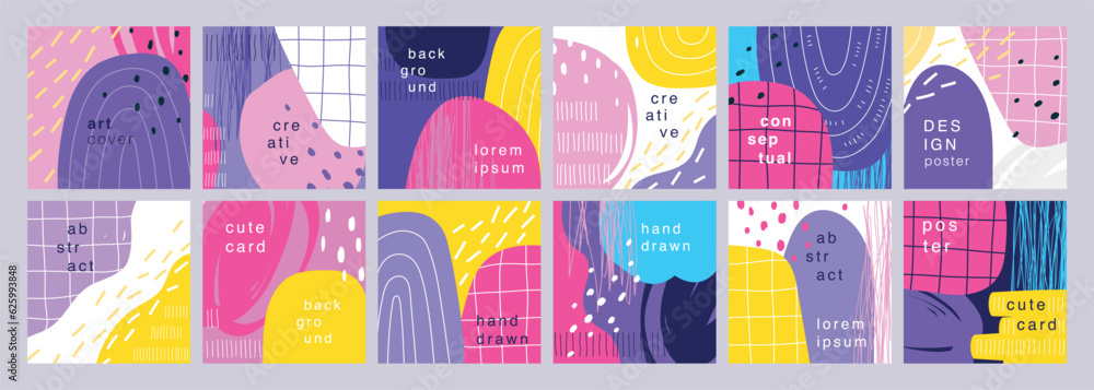 Abstract design poster set, trendy graphic cards with geometric elements, hand drawn collection. Abstract design poster set, trendy graphic cards with geometric elements, hand drawn collection.