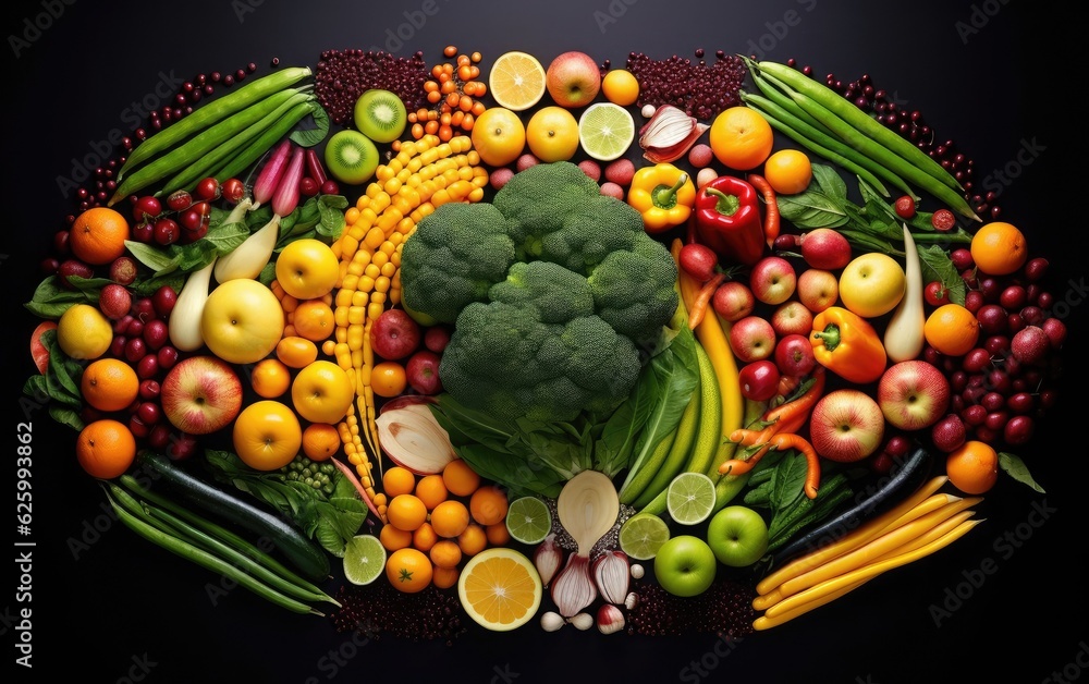 Fruits and vegetables forming a colorful mosaic or pattern on a plain background, showcasing the beauty and diversity of fresh produce