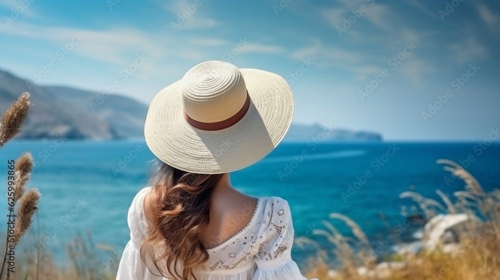 young woman in a hat on a background of blue sky and ocean. Generative Ai. 