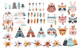 Cute American Indian set with animals - rabbit, deer, cat, fox, bear, panda, raccoon, owl, sloth Childish characters for your design. Vector illustration.