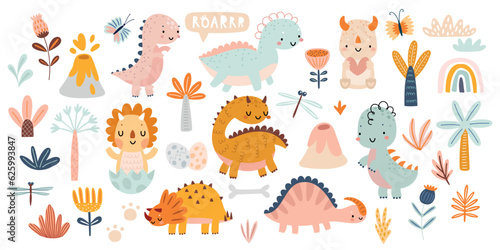 Cute Dino set with trees, plants, and other elements for your design, childish hand drawn dinosaur elements. Nursery