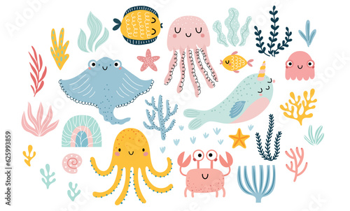 Cute marina life set with fish, whales, seaweed, marina elements for your design, childish hand drawn sea elements. © avian