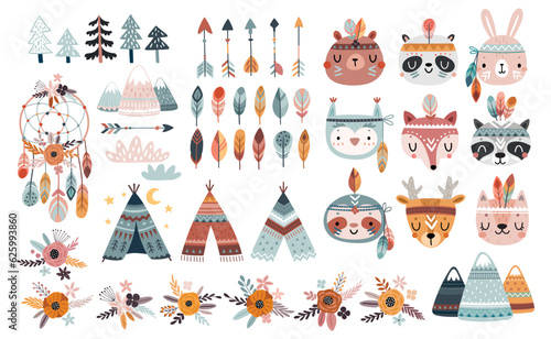 Photo Cute American Indian set with animals - rabbit, deer, cat, fox, bear, panda, raccoon, owl, sloth Childish characters for your design