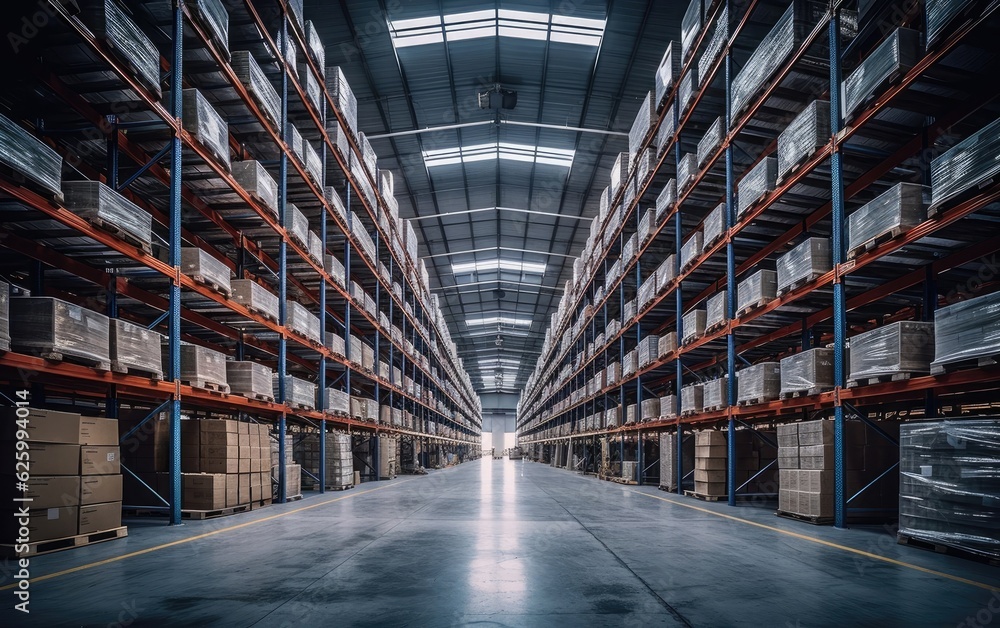 Large distribution warehouse with shelves with boxes