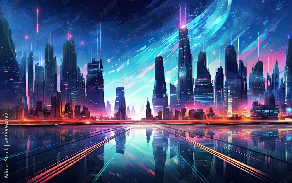 Obraz premium A digital painting of a futuristic cityscape with soaring skyscrapers and sleek, minimalist designs, bathed in vibrant hues and highlighted by neon lights