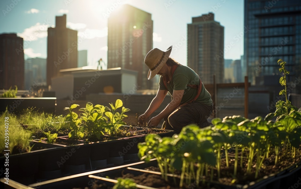 Urban agriculture or rooftop farming, a person engaged in cultivating crops in an urban setting