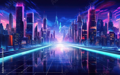 A digital painting of a futuristic cityscape with soaring skyscrapers and sleek, minimalist designs, bathed in vibrant hues and highlighted by neon lights