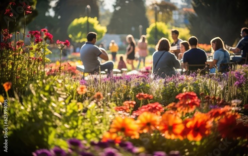 People enjoying a picnic or leisurely stroll in a modern city park surrounded by colorful flower gardens, capturing the joy and relaxation that can be found in nature's beauty