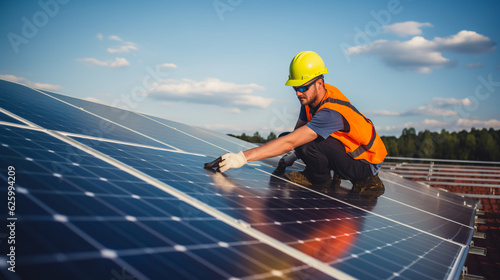 Technician installing solar panels on the roof.