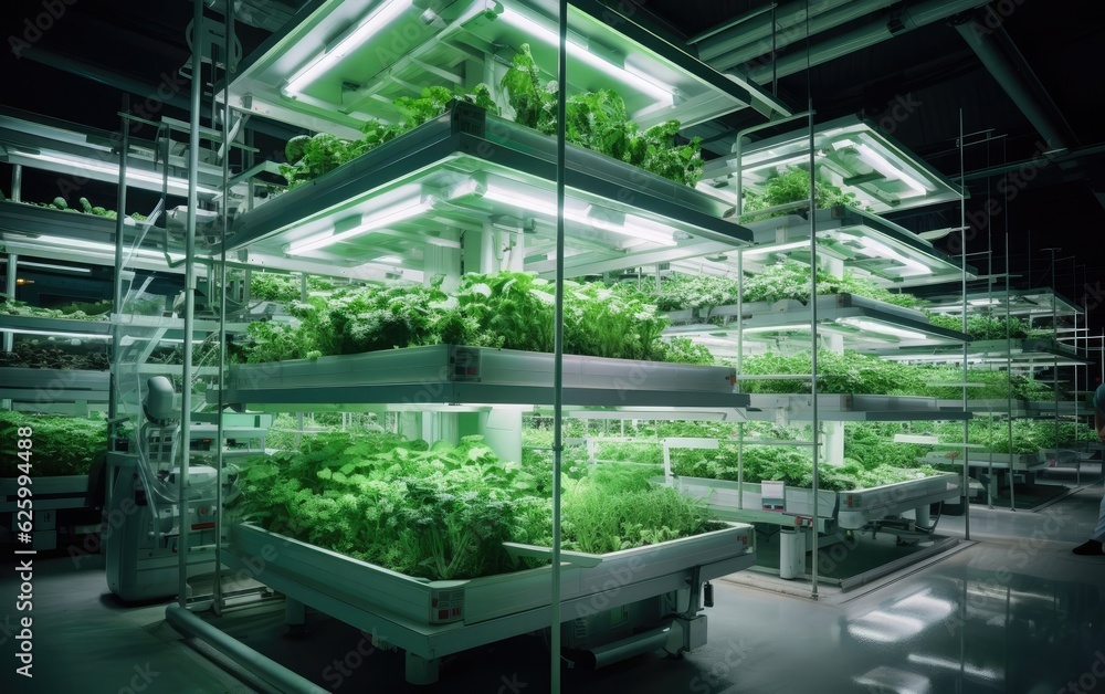 High-tech greenhouse, vertical farm, featuring automated systems, hydroponic or aeroponic setups, and LED lighting, showcasing the efficient and controlled environment of modern agricultural practices