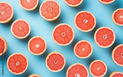 The pattern of half-cut grapefruits on a blue background