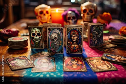 Tarot cards with Dia de los Muertos personages, spread out on a table, colorful design