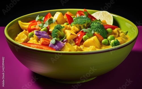 Bowl of vibrant yellow curry with an assortment of colorful vegetables, such as bell peppers, sweet potatoes, and peas, against a bright purple background