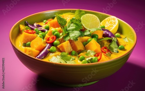 Bowl of vibrant yellow curry with an assortment of colorful vegetables, such as bell peppers, sweet potatoes, and peas, against a bright purple background