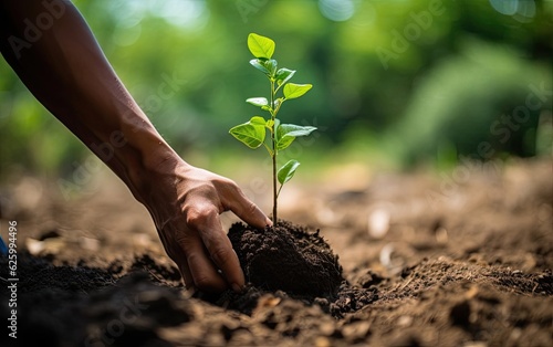 A person planting a young tree symbolizes the commitment to reforestation and environmental preservation photo