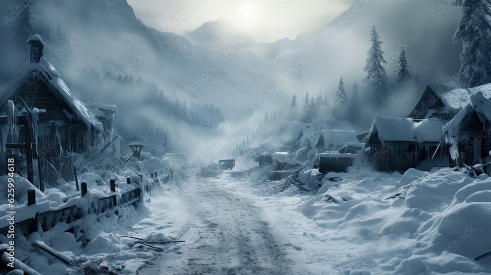 Extreme blizzard in a mountain town photorealisticrealistic background 