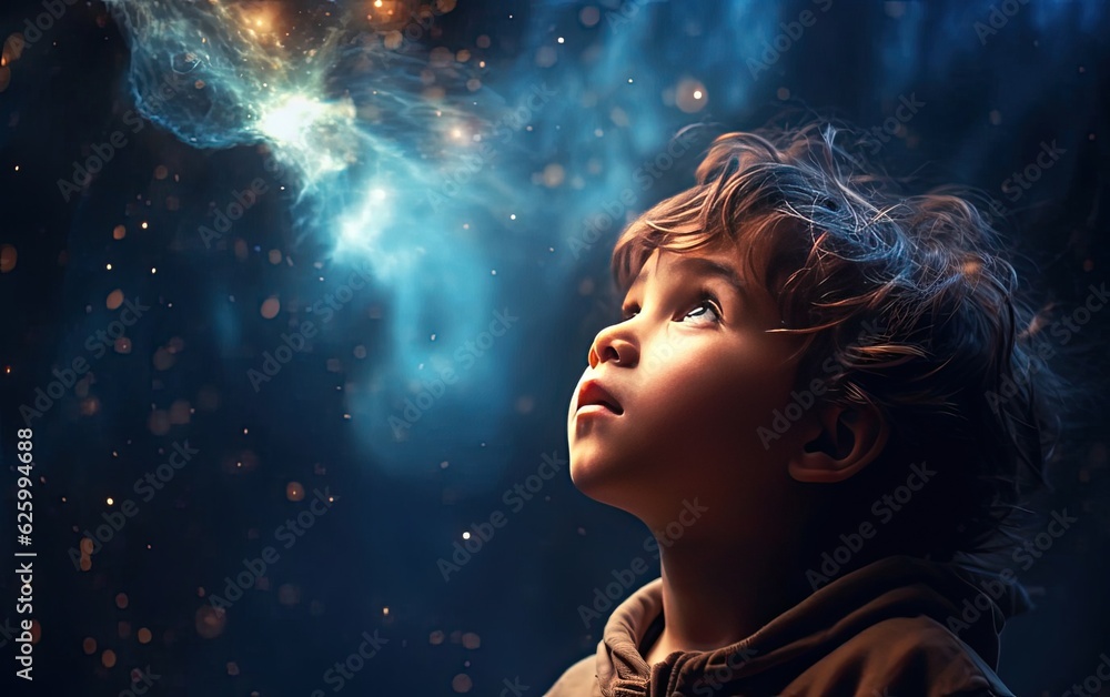 Portrait of a child looking up on a magical background 