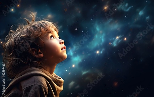 Portrait of a child looking up on a magical background 