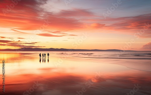 A serene sunset shot of the seashore  with vibrant hues of orange and pink reflecting off the calm water  and silhouettes of people enjoying a peaceful evening walk along the shoreline