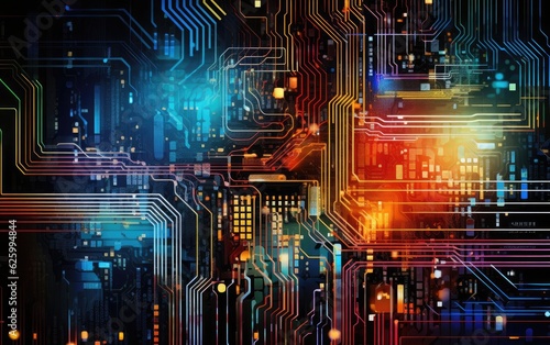 Abstract photograph representing AI concepts, with colorful circuit board patterns or computer code displayed on a screen, symbolizing the complexity and interconnectedness of artificial intelligence