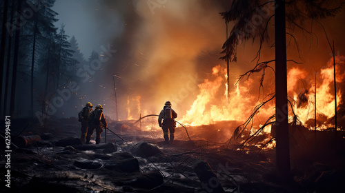 Professional firefighters extinguishing large; high-priority part of the forest fire; photorealisticrealistic background 
