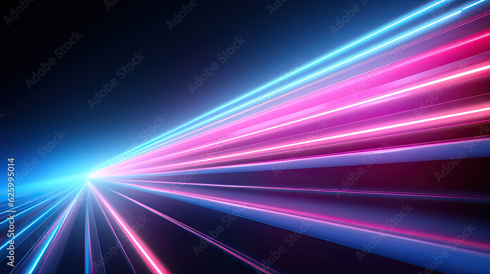 Abstract neon background with ascending pink and blue glowing lines 