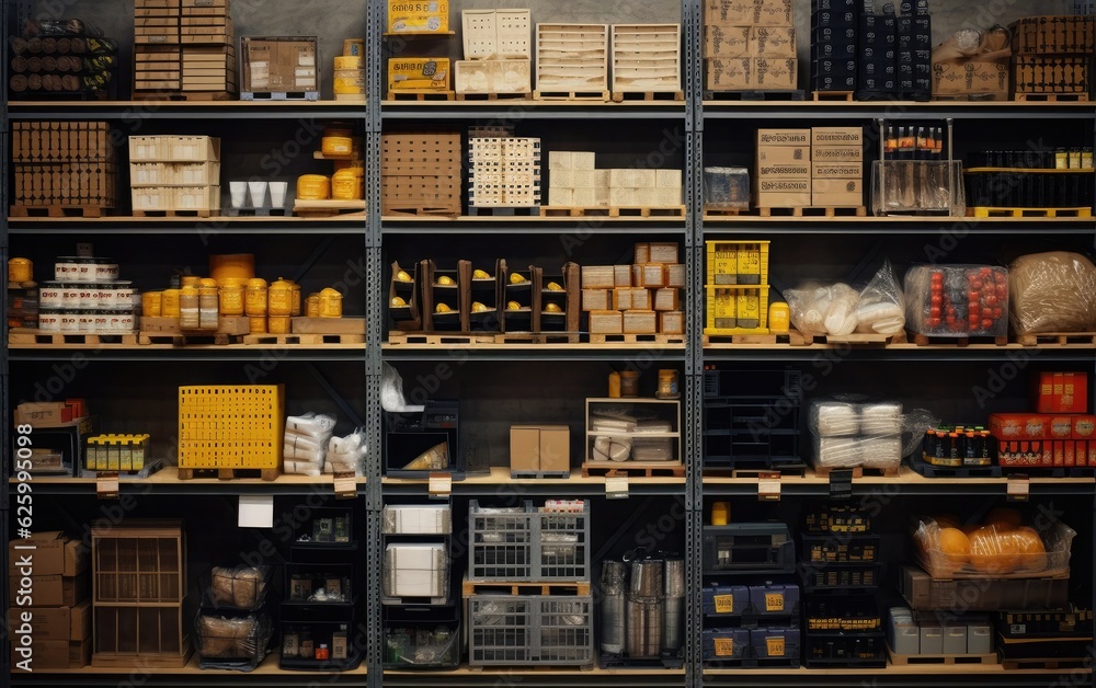 Warehouse shelf filled with assorted goods and products, showcasing the diversity and abundance of inventory, with labels and barcodes visible