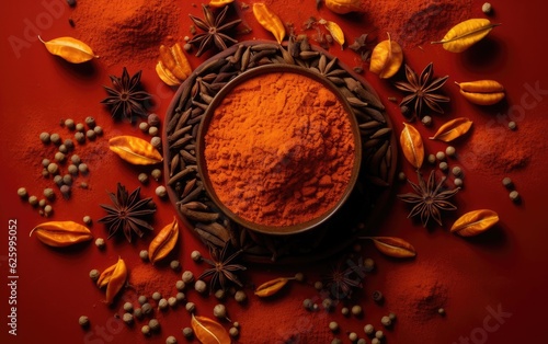 Overhead shot of orange spices, such as ground turmeric or paprika, arranged in a geometric pattern on a bold and vibrant background