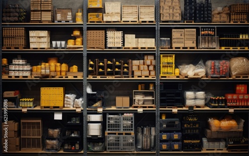 Wallpaper Mural Warehouse shelf filled with assorted goods and products, showcasing the diversity and abundance of inventory, with labels and barcodes visible Torontodigital.ca