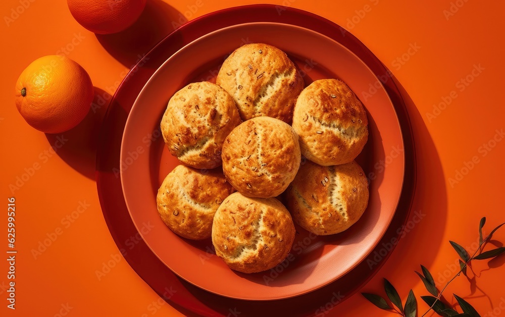 Overhead shot of a plate of freshly baked orange-flavored pastries, such as orange-infused muffins on an orange background
