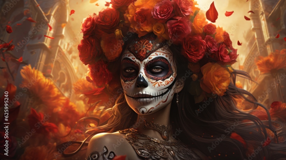 Dia de los Muertos celebration, photorealistic Calavera Catrina with sugar skull makeup