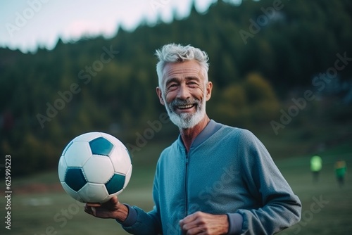 Portrait of happy senior man holding soccer ball and looking at camera