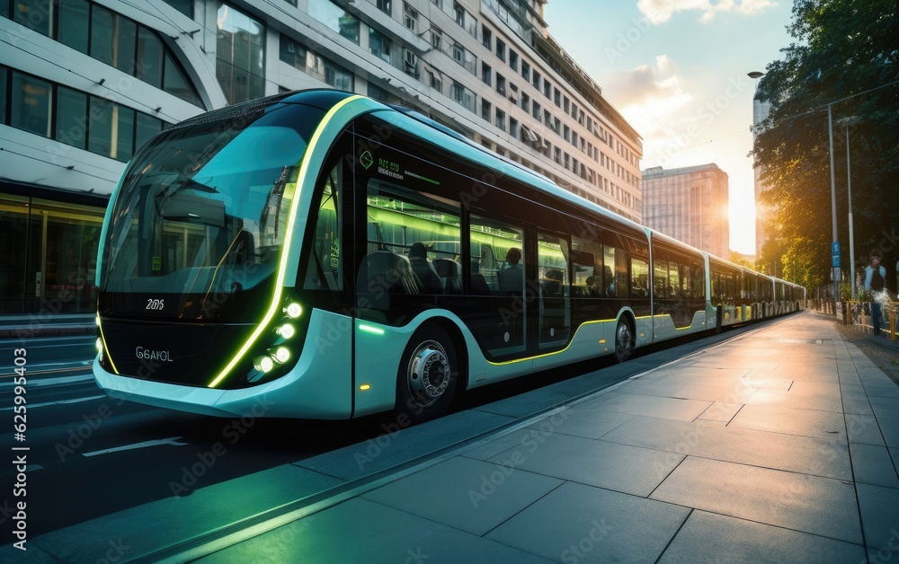 A fleet of electric buses on city streets, emphasizing the transition to electric vehicles for reducing air pollution