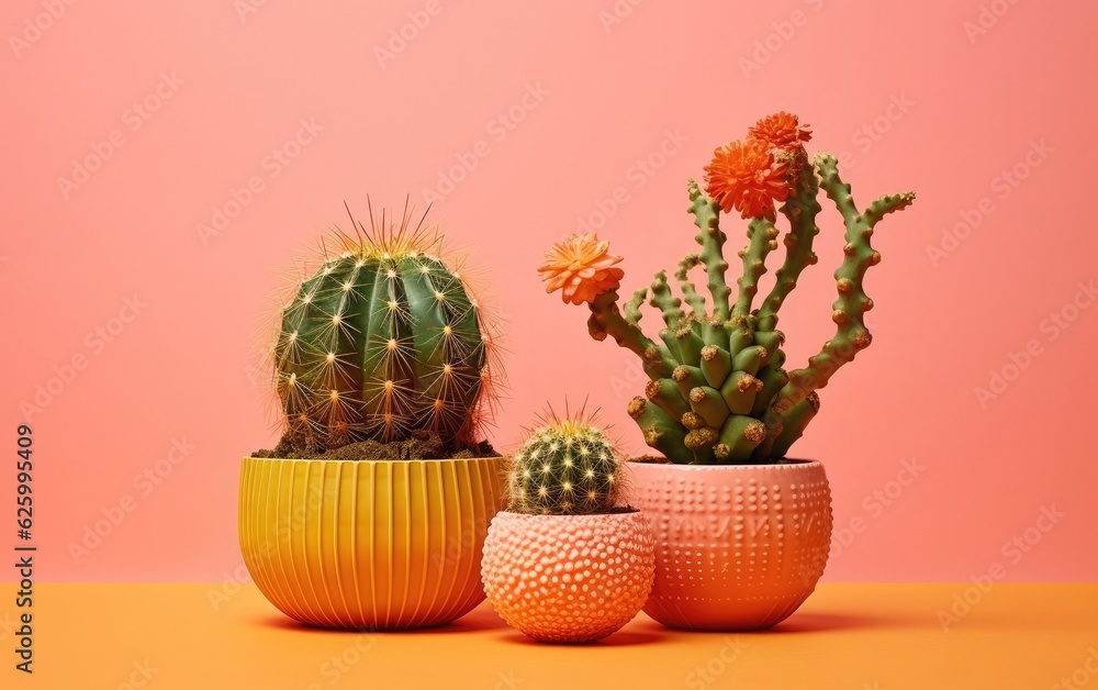 Cactus plants in pots isolated on a bright color background