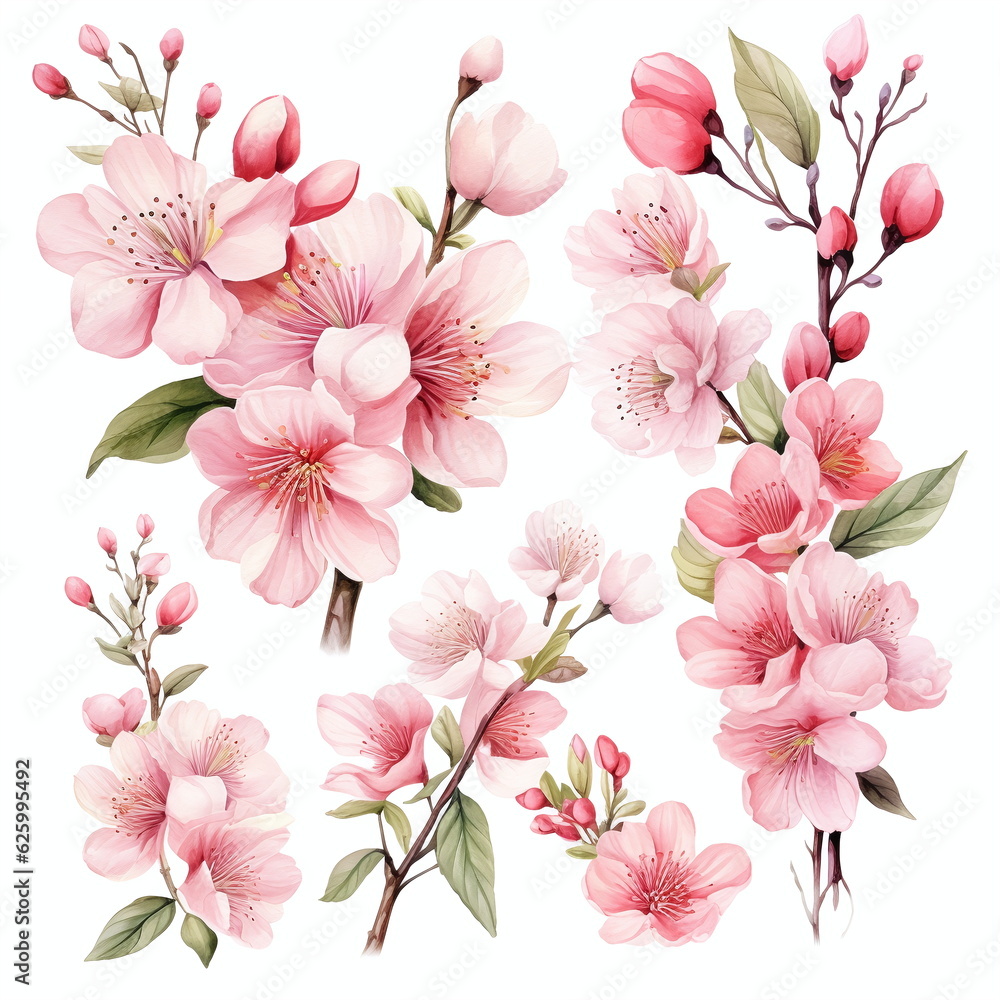 Flowers to decorate a wedding card, sakura and peach, light pink watercolor style, individual arrangements, AI generated Flowers to decorate a wedding card, sakura and peach, light pink watercolor style, individual arrangements, AI generated