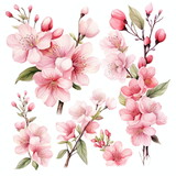 Flowers to decorate a wedding card, sakura and peach, light pink watercolor style, individual arrangements, AI generated