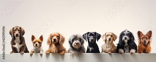 Group of dogs is looking up; vivid background with empty space for text 