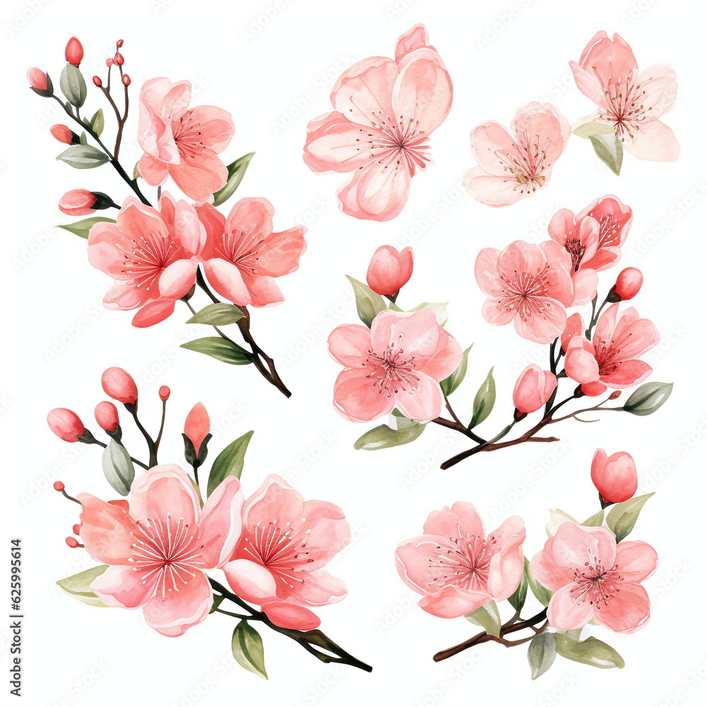 Flowers to decorate a wedding card, sakura and peach, light pink watercolor style, individual arrangements, AI generated Flowers to decorate a wedding card, sakura and peach, light pink watercolor style, individual arrangements, AI generated