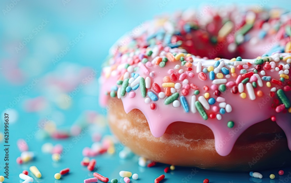 Sprinkled strawberry donut with frosting on blue background Sprinkled strawberry donut with frosting on blue background