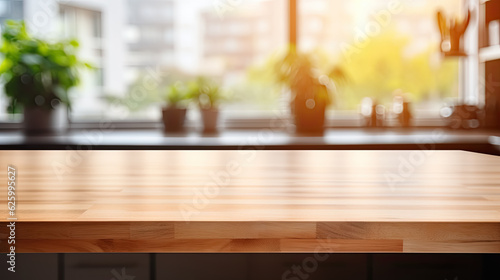 Wood table top on blur kitchen counter room background 