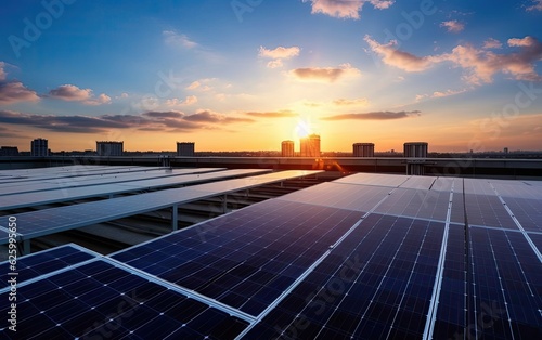 Solar Power Revolution. Solar panels glisten on rooftops, emphasizing the growing trend of renewable energy adoption and sustainable power generation
