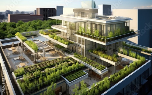 Rooftop Garden. A green rooftop garden on a commercial building, exemplifying sustainable architecture and urban farming for improved air quality and food production © AZ Studio
