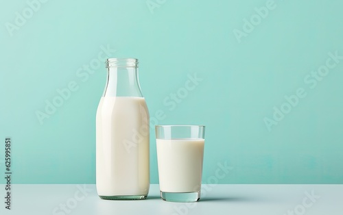 The glass and bottle of milk on a simple background
