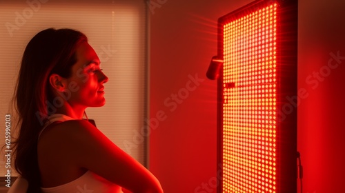 Young Woman doing the Red Light Therapy Session with Panel